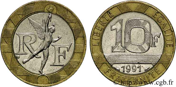 10 francs Génie de la Bastille, axe décalé à neuf heures 1991 Pessac F.375/6 var. XF 