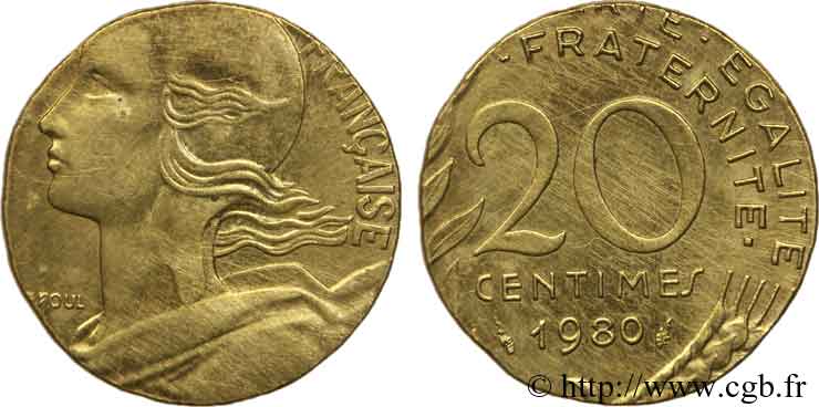 20 centimes Marianne, frappe fautée sur flan de 5 centimes Marianne 1980 Pessac F.156/20 var. EBC 