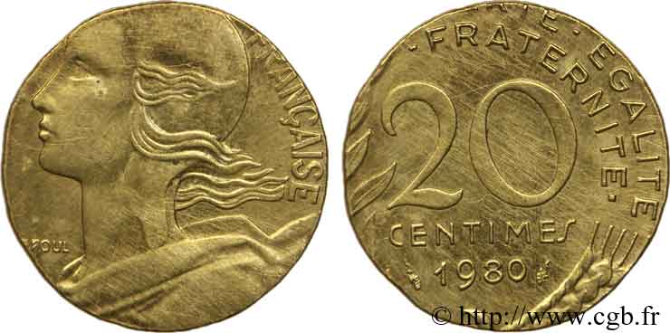 20 centimes Marianne, frappe fautée sur flan de 5 centimes Marianne 1980 Pessac F.156/20 var. VZ 