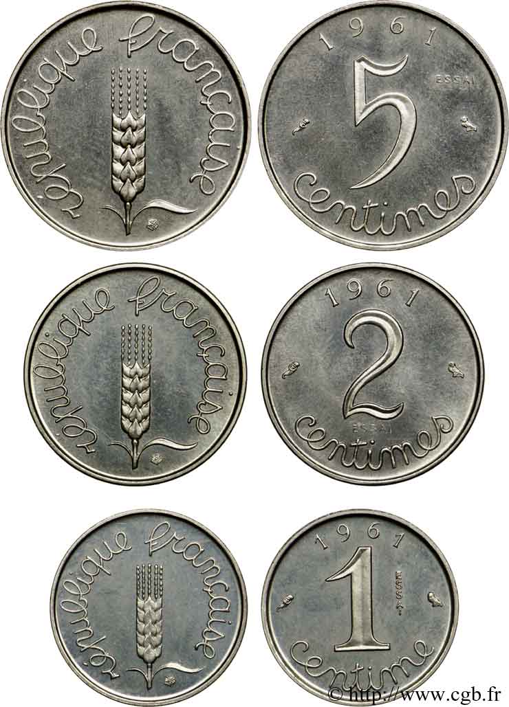 Série de trois essais de 1, 2 et 5 centimes acier, type Épi 1961 Paris F.106/3 MS 