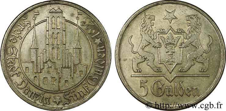 DANTZIG 5 Gulden 1923 Dantzig AU 
