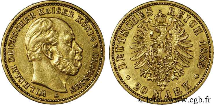 GERMANY - KINGDOM OF PRUSSIA - WILLIAM I 20 marks or, 2e type 1883 Berlin XF 
