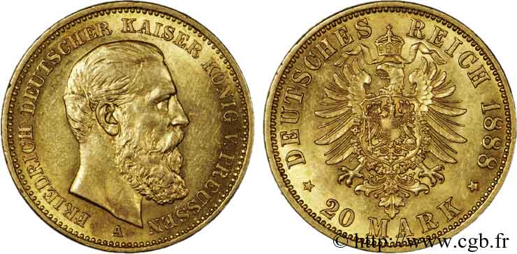ALLEMAGNE - ROYAUME DE PRUSSE - FRÉDÉRIC III 20 marks or 1888 Berlin EBC 