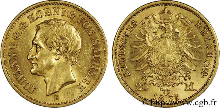 GERMANY - KINGDOM OF SAXONY - JOHN 20 marks or, 2e type 1873 Dresde XF 