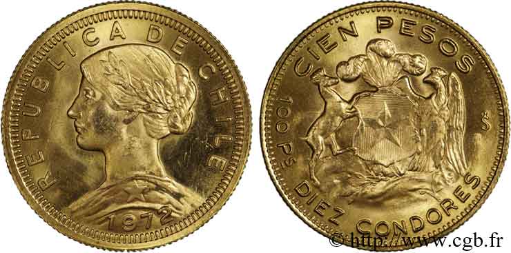 CHILI - RÉPUBLIQUE 100 pesos or ou 10 condores en or, 2e type 1972 S°, Santiago du Chili SC 