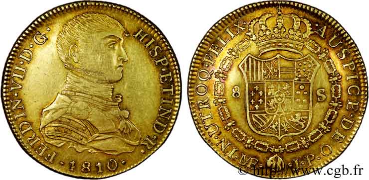 PÉROU - FERDINAND VII 8 escudos en or 1810 Lima, LIMÆ (en monogramme) TTB 