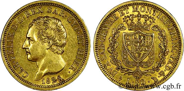 ITALY - KINGDOM OF SARDINIA - CHARLES-FELIX 80 lires or 1828 Turin XF 
