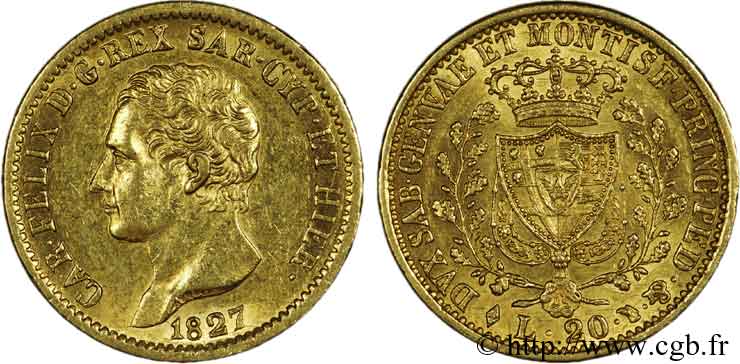 ITALY - KINGDOM OF SARDINIA - CHARLES-FELIX 20 lires or 1827 Turin XF 