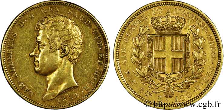 ITALIA - REGNO DE SARDINIA - CARLO ALBERTO 100 lires or 1834 Turin XF 