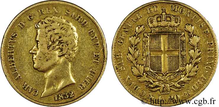 ITALIA - REGNO DE SARDINIA - CARLO ALBERTO 20 lires or, tranche fautée  1832 Gênes VF 