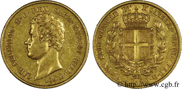 ITALIE - ROYAUME DE SARDAIGNE - CHARLES-ALBERT 20 lires or 1842 Gênes TTB 