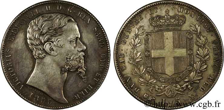 ITALIA - REGNO DI SARDEGNA - VITTORIO EMANUELE II 5 lires 1855 Turin AU 