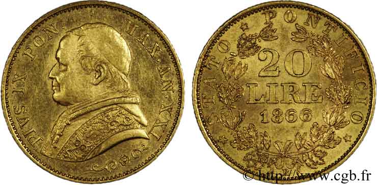 ITALY - PAPAL STATES - PIUS IX (Giovanni Maria Mastai Ferretti) 20 lires, petit buste 1866 Rome XF 