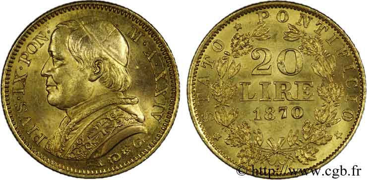 ITALY - PAPAL STATES - PIUS IX (Giovanni Maria Mastai Ferretti) 20 lires, grand buste 1870 Rome AU 