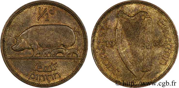 IRLAND - FREISTAAT Un demi-penny 1933  VZ 