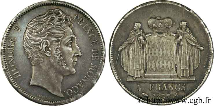 MONACO - HONORE V 5 francs 1837 Monaco AU 