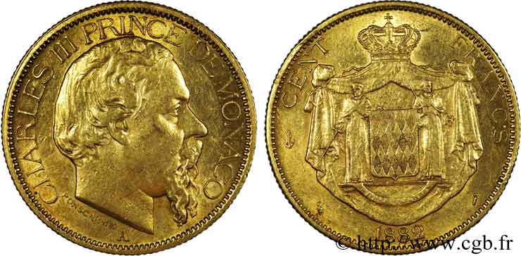 MONACO - PRINCIPALITY OF MONACO - CHARLES III 100 francs or 1882 Paris XF 