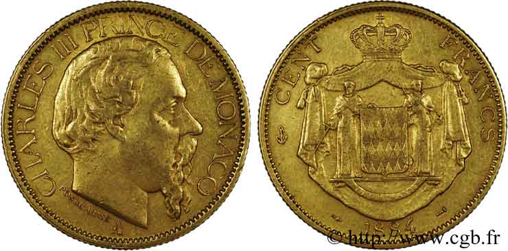 MONACO - PRINCIPAUTÉ DE MONACO - CHARLES III 100 francs or 1884 Paris BB 