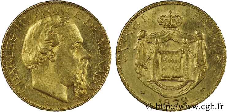MONACO - PRINCIPALITY OF MONACO - CHARLES III 20 francs or 1879 Paris XF 