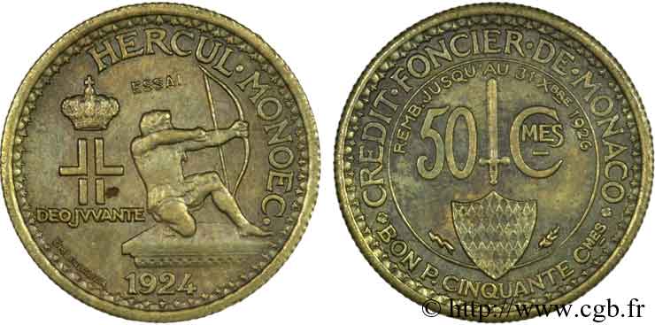 MONACO - PRINCIPAUTÉ DE MONACO - LOUIS II Essai de 50 centimes 1924 Poissy SUP 