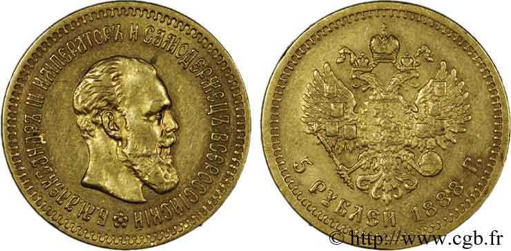 RUSSIA - ALESSANDRO III 5 roubles or, (20 francs or) 1888 Saint-Pétersbourg XF 