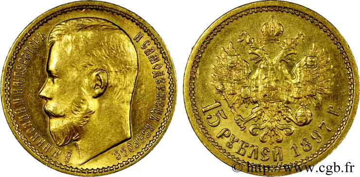 RUSSIA - NICOLA II 15 roubles or, petite tête 1897 Saint-Pétersbourg XF 