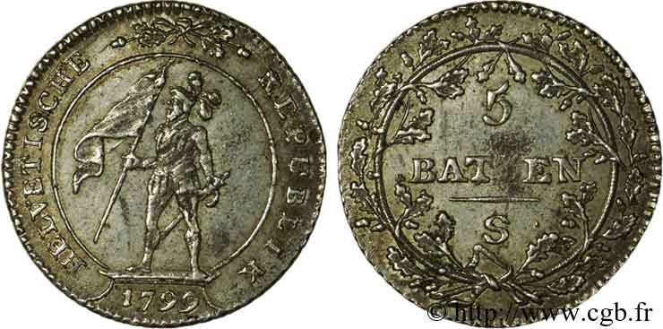 SWITZERLAND - HELVETIC REPUBLIC 5 batzen (50 centimes), 2e type  1799 Soleure XF 