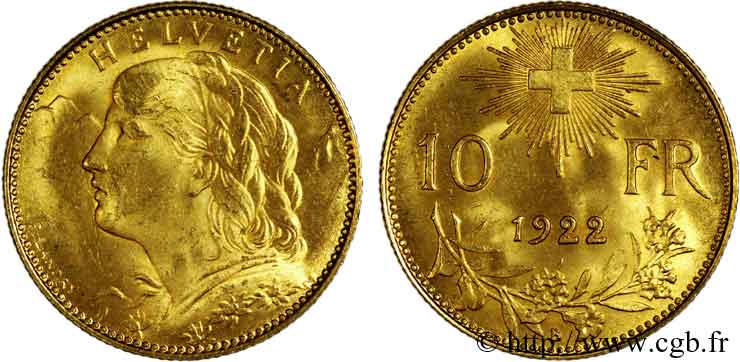 SWITZERLAND - HELVETIC CONFEDERATION 10 Francs or  Vreneli  1922 Berne AU 