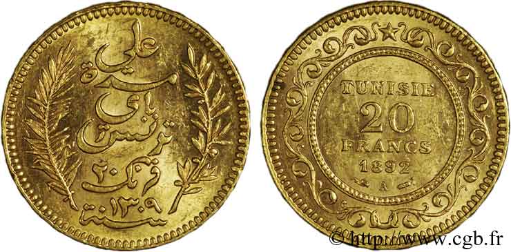 TUNISIA - PROTETTORATO FRANCESE - ALI BEY 20 francs or 1892 Paris XF 
