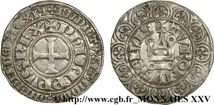 PHILIP III  THE BOLD  AND PHILIP IV  THE FAIR  Gros tournois à l O rond c. 1305  XF