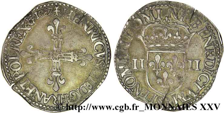 HENRI III Quart d écu, croix de face 1587 Rouen TTB+
