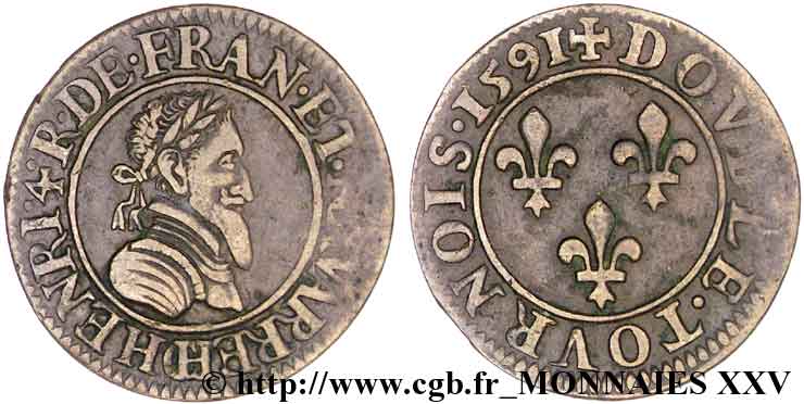 HENRI IV LE GRAND Double tournois, 2e type de Châlons-sur-Marne 1591 Châlons-en-Champagne TTB