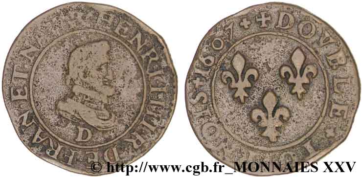 HENRI IV LE GRAND Double tournois, 1er buste de Lyon 1607 Lyon TB/TB+