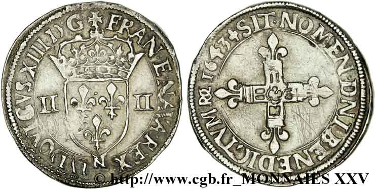 LOUIS XIII  Quart d écu, à la croix fleurdelisée, titulature côté écu 1643 Montpellier fVZ/SS