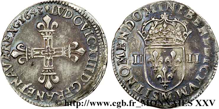 LOUIS XIII  Quart d écu, à la croix fleurdelisée, titulature côté croix 1643 Toulouse SPL