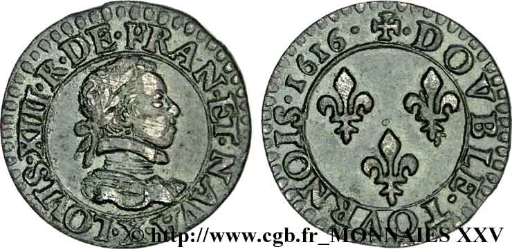 LOUIS XIII  Double tournois, buste enfantin d Amiens, (3e portrait) 1616 Amiens MBC+/EBC