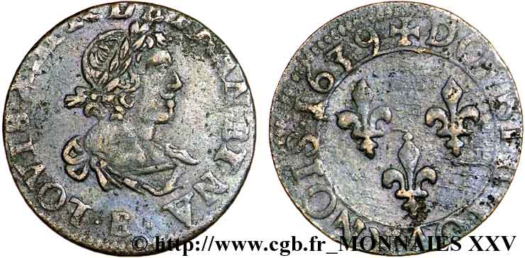 LOUIS XIII LE JUSTE Double tournois, type 19 1639 Tours TTB