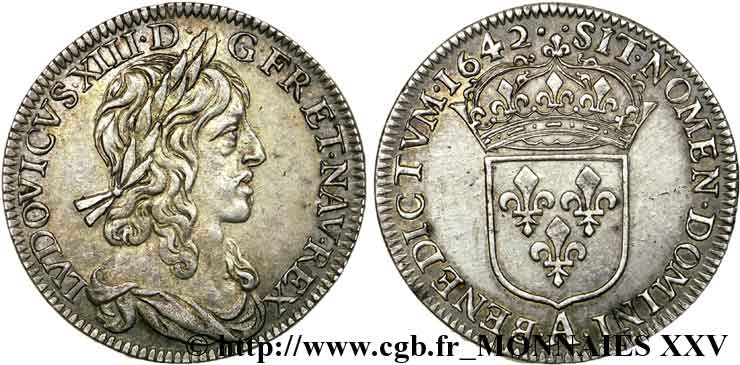 LOUIS XIII LE JUSTE Quart d&nbsp;écu, buste drapé (1er buste de Jean Warin) 1642 Paris, Monnaie du Louvre SUP