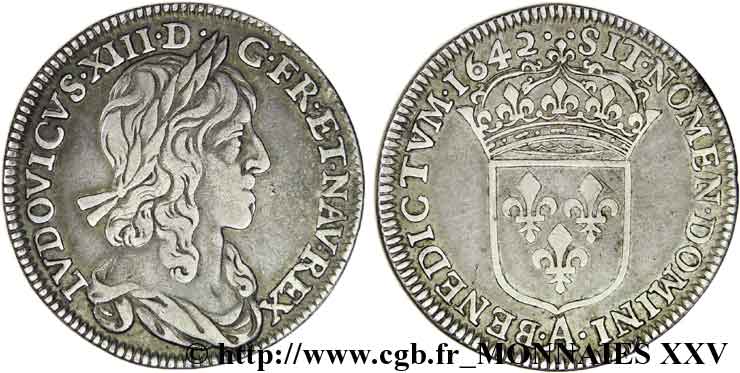 LOUIS XIII LE JUSTE Quart d écu d argent, 2e type, 1er poinçon de Warin 1642 Paris, Monnaie du Louvre TTB
