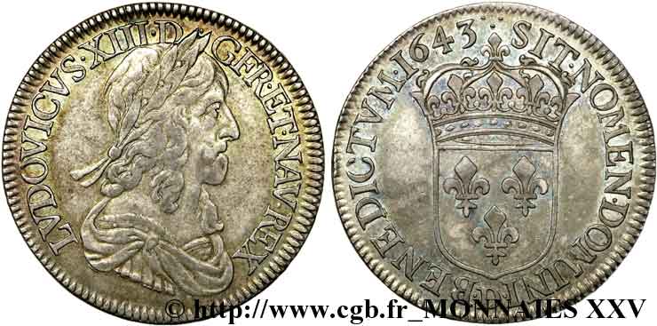 LOUIS XIII  Demi-écu, buste drapé et cuirassé (2e buste de Jean Warin) 1643 Lyon fVZ/VZ