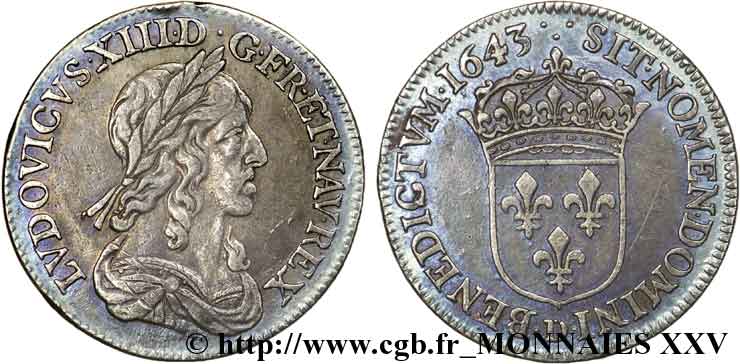 LOUIS XIII  Quart d écu, buste drapé et cuirassé (2e buste de Jean Warin) 1643 Lyon MBC/MBC+