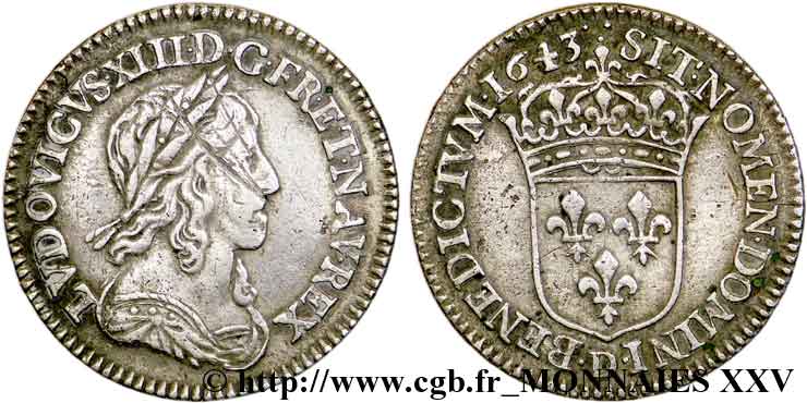 LOUIS XIII  Douzième d écu, buste drapé et cuirassé (2e buste de Jean Warin) 1643 Lyon VF/XF