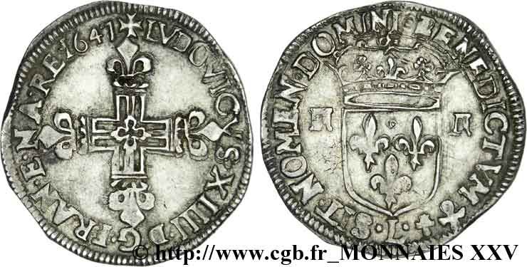 LOUIS XIV  THE SUN KING  Quart d écu, 1er type 1647 Bayonne q.SPL/BB