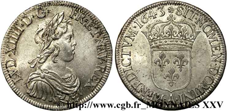 LOUIS XIV LE GRAND OU LE ROI SOLEIL Écu à la mèche courte 1643 Paris, Monnaie de Matignon SPL