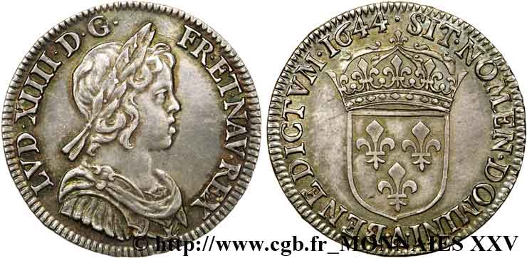 LOUIS XIV  THE SUN KING  Quart d écu à la mèche courte 1644 Paris, Monnaie du Louvre EBC/SC