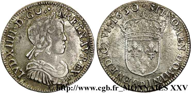 LOUIS XIV LE GRAND OU LE ROI SOLEIL Quart d&nbsp;écu à la mèche courte 1650 Lyon TTB/TB+