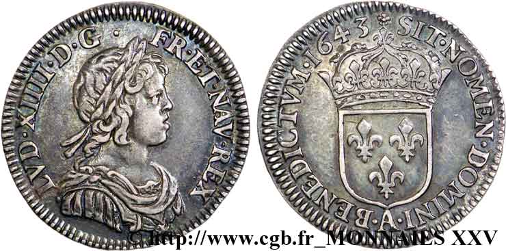 LOUIS XIV  THE SUN KING  Douzième d écu à la mèche courte 1643 Paris, Monnaie de Matignon AU/AU