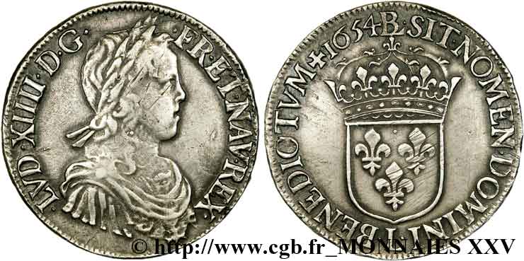 LOUIS XIV  THE SUN KING  Écu à la mèche longue 1654 Bayonne q.SPL/MS