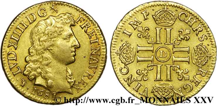 LOUIS XIV  THE SUN KING  Louis d’or aux huit L, portrait à la tête nue 1681 Lyon MBC+/EBC