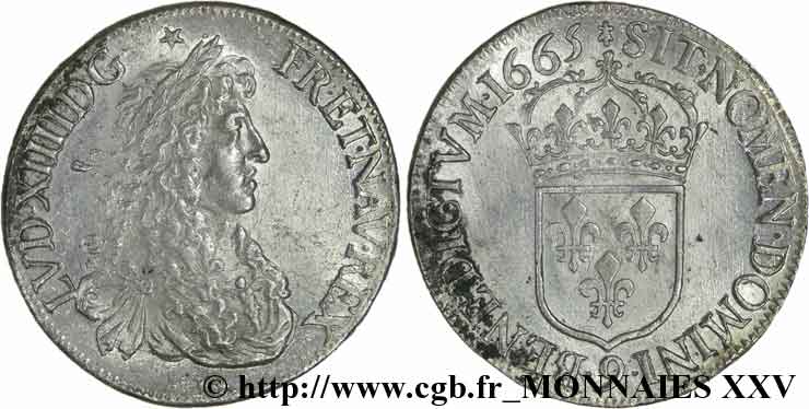 LOUIS XIV  THE SUN KING  Écu au buste juvénile, 2e type 1665 Rennes MBC+/EBC